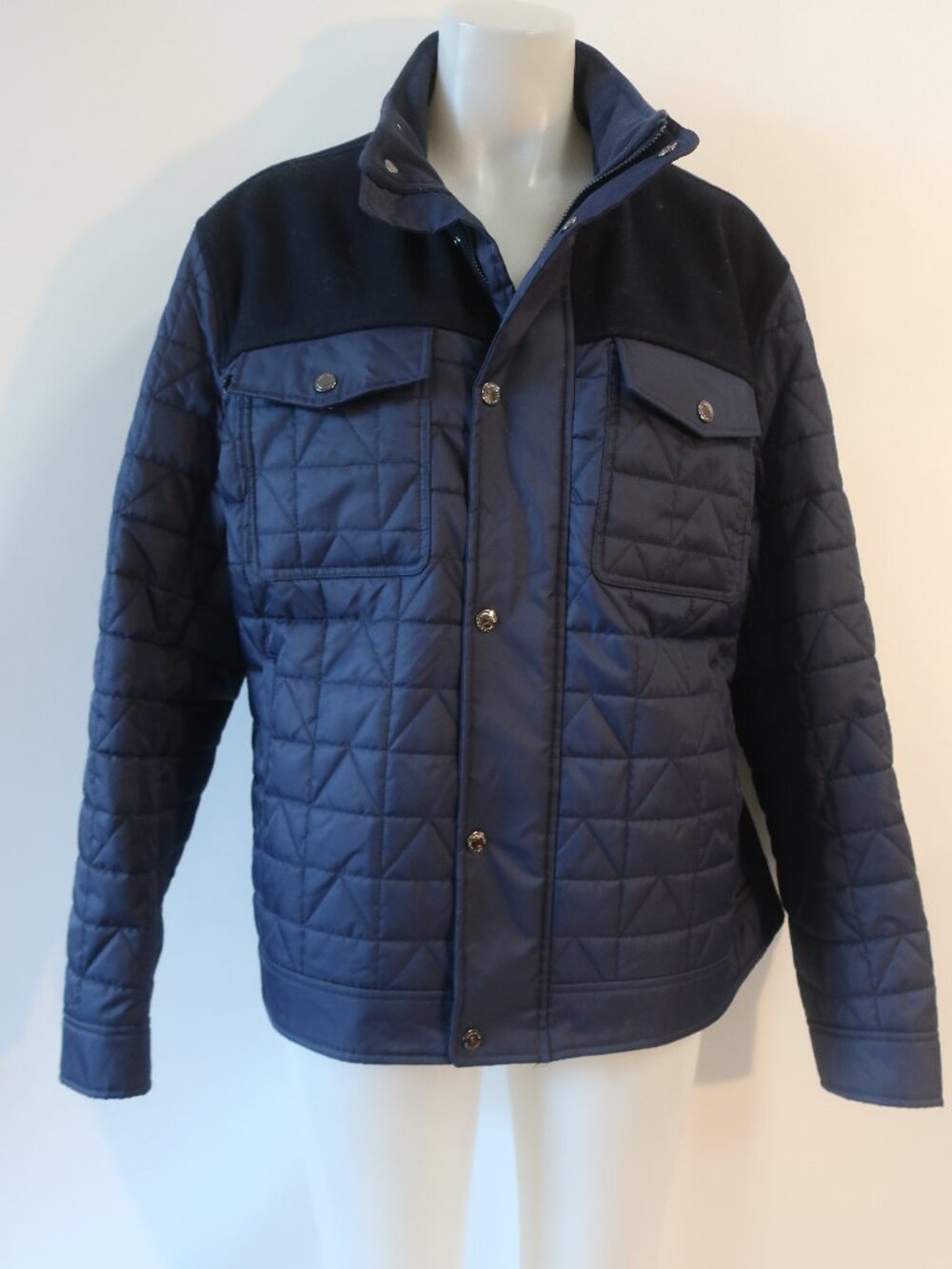 NWT Mens Cole Haan Navy Blue (Item-6) Mixed Media Diamond Quilt Zip Jacket L